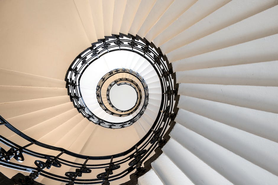 A downward view of a spiral staircase inside a building, showing the beige carpeted steps encircling a central open space. The staircase has a black wrought iron railing with decorative detailing, cur